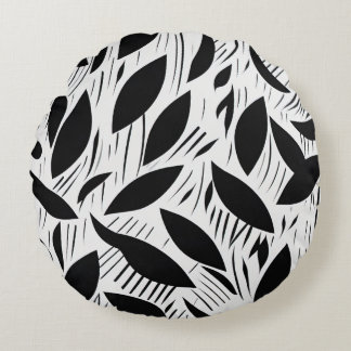 Modern Black and White Minimalist Leaf Pattern Round Cushion