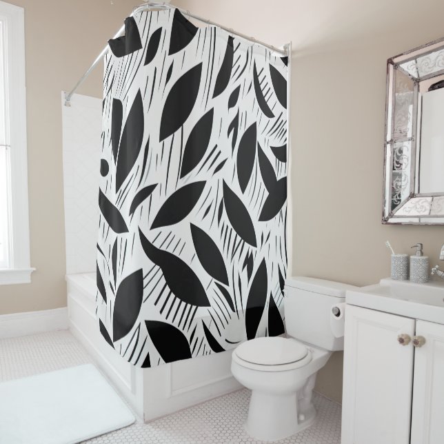 Modern Black and White Minimalist Leaf Pattern Shower Curtain (In Situ)