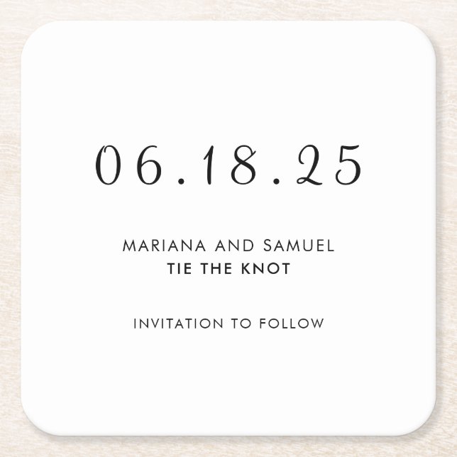 Modern Black and White Minimalist Save the Date Square Paper Coaster (Front)