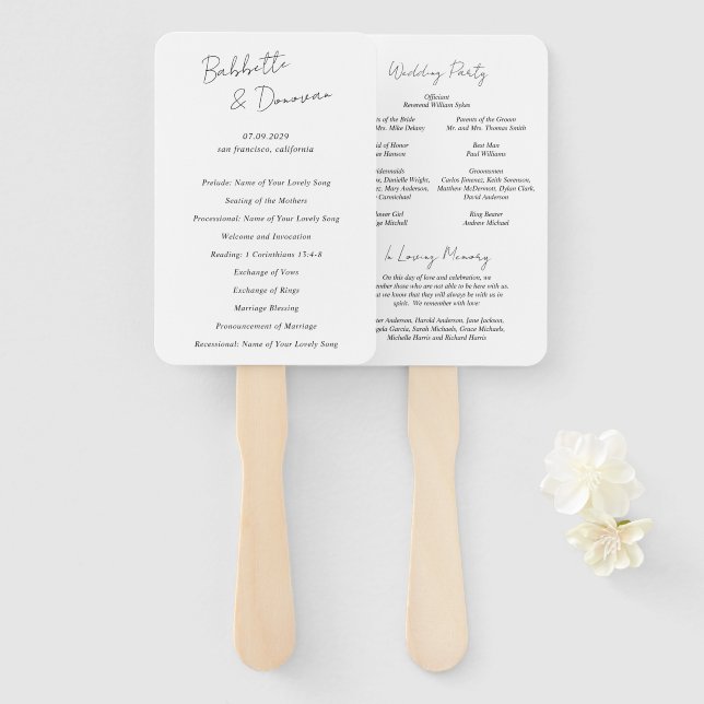 Modern Black and White Minimalist Wedding Program Hand Fan (Front and Back)