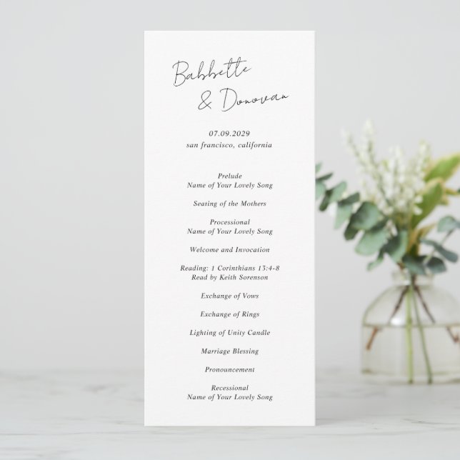 Modern Black and White Minimalist Wedding Programme (Standing Front)