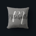 Modern Black and White Monogram Cushion<br><div class="desc">A modern customisable family name monogram pillow perfect for newlyweds.</div>