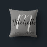 Modern Black and White Monogram Cushion<br><div class="desc">A modern customisable family name monogram pillow perfect for newlyweds.</div>