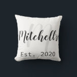Modern Black and White Monogram Cushion<br><div class="desc">A modern customisable family name monogram pillow perfect for newlyweds.</div>