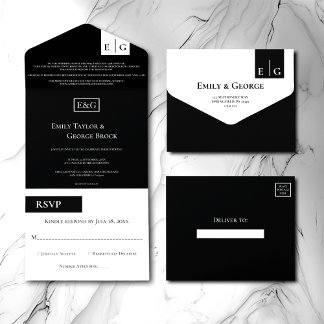 Modern Black And White Monogram Elegant Wedding All In One Invitation