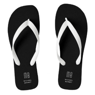 Modern Black And White Monogram Flip Flops