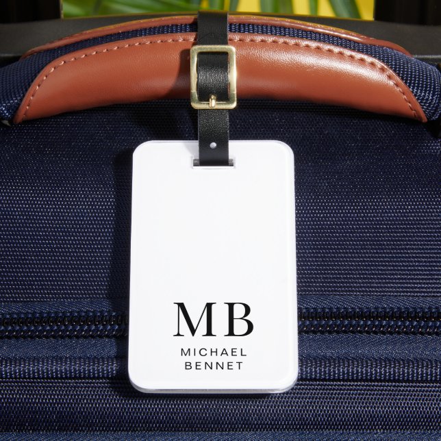 Modern Black And White Monogram Luggage Tag (Front Insitu 2)