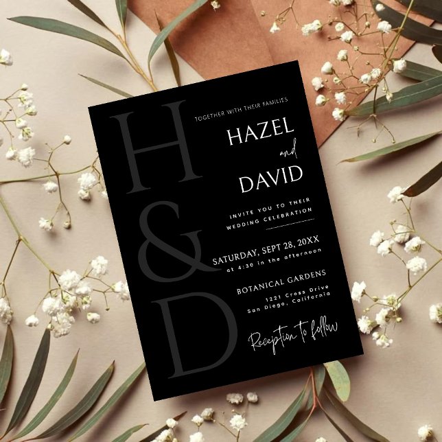Modern Black and White Monogram Minimalist Wedding Invitation (Modern black and white monogram wedding invitation sets a sleek, minimalist tone.)