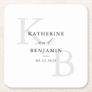 Modern Black and White Monogram Minimalist Wedding Square Paper Coaster