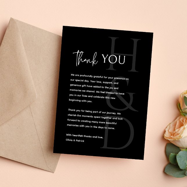 Modern Black and White Monogram Minimalist Wedding Thank You Card (Creator Uploaded)