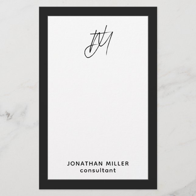 Modern Black and White Monogram Name Title Stationery (Front)