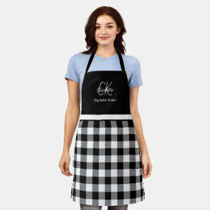 Modern Black and White Monogram Plaid Apron