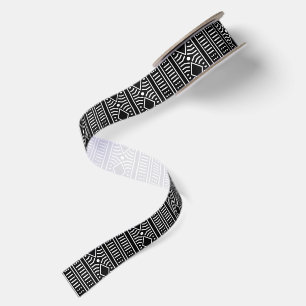 Modern Black and White Mudcloth Stripe Satin Ribbon