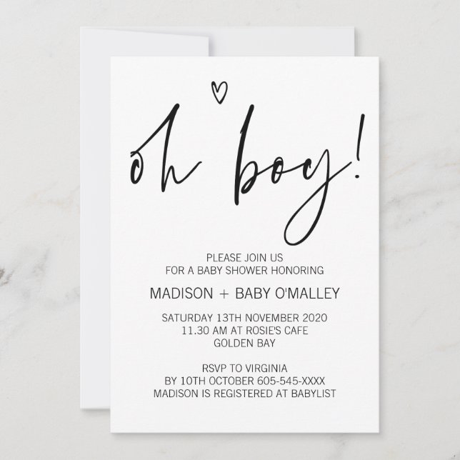 Modern Black and White Oh Boy Baby Shower Invites (Front)