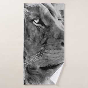 Modern black and white oil painting of king lion,  bath towel