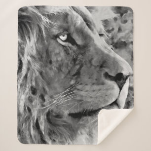 Modern black and white oil painting of king lion, sherpa blanket