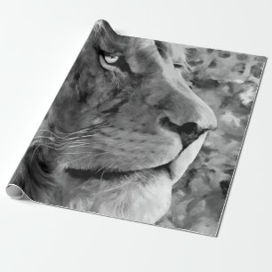 Modern black and white oil painting of king lion, wrapping paper