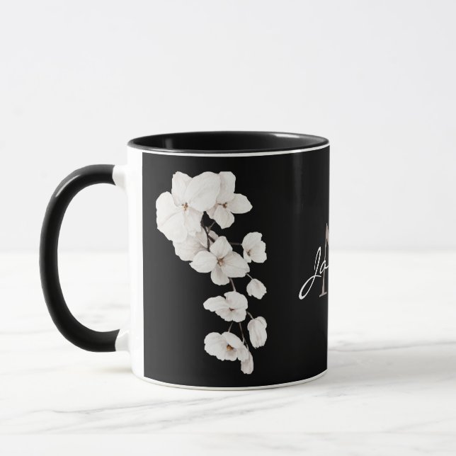 Modern Black and White Orchid Monogram Mug (Left)
