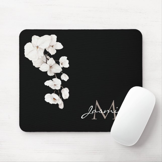 Modern Black and White Orchids Floral Monogram Mouse Mat (With Mouse)