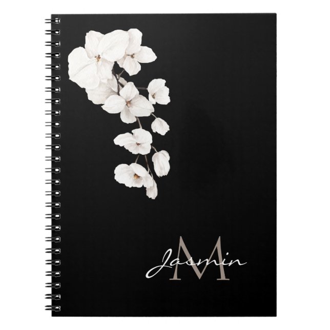 Modern Black and White Orchids Floral Monogram Notebook (Front)