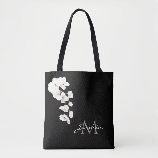 Modern Black and White Orchids Floral Monogram Tote Bag (Front)