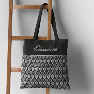 Modern Black and White Pattern Name Tote Bag