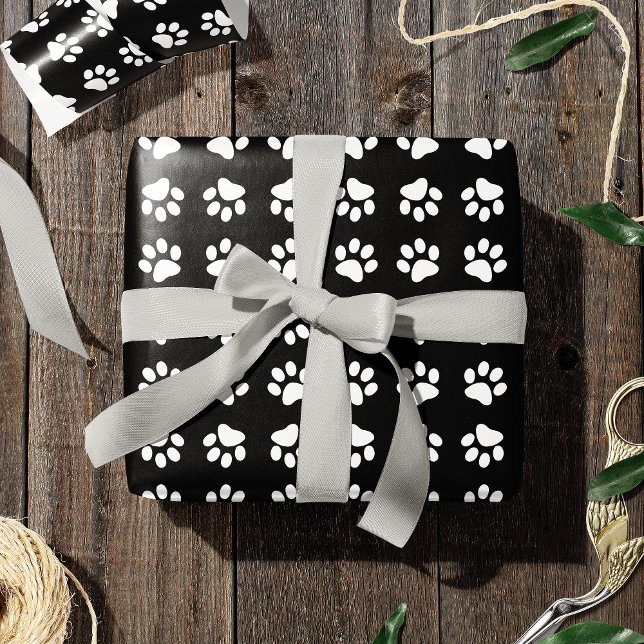 Modern Black and White Paw Print Pattern Wrapping Paper (Creator Uploaded)