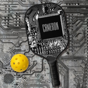 Modern Black and White PCB Microchip Geeky Custom Pickleball Paddle