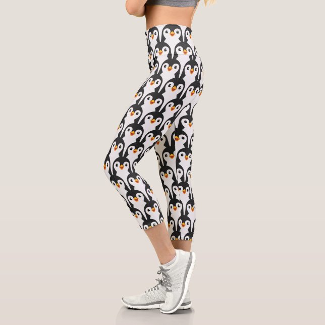 Modern Black and White Penguin Pattern Capri Leggings (Left)