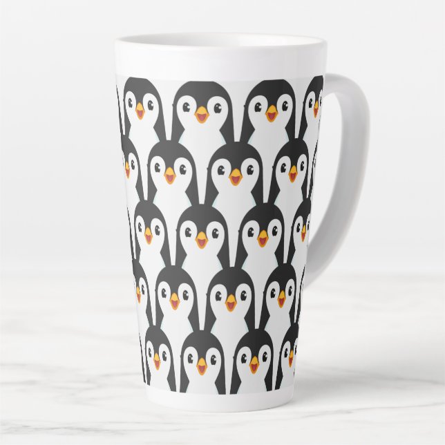 Modern Black and White Penguin Pattern Latte Mug (Right Angle)