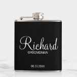 Modern Black and White Personalised Groomsman Hip Flask<br><div class="desc">Modern Black and White Personalised Groomsman Gifts
featuring personalised groomsman's name in white modern script font style with title and wedding date in modern sans serif font style on black background.

Also perfect for best man,  father of the bride,  bridesmaid,  maid of honour,  mother of the bride and more.</div>