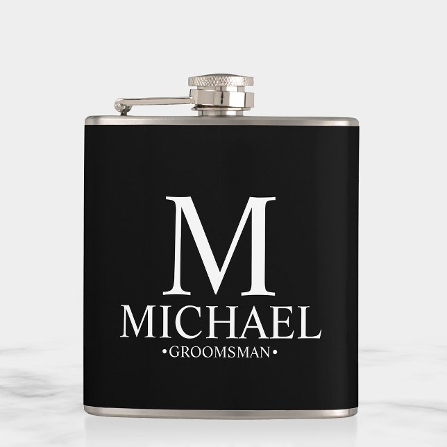 Modern Black and White Personalised Groomsman Hip Flask (Creator Uploaded)