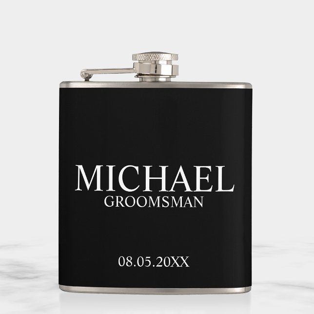 Modern Black and White Personalised Groomsman Hip Flask (Creator Uploaded)