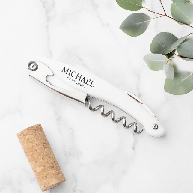 Modern Black and White Personalised Groomsman Wait Corkscrew (Creator Uploaded)
