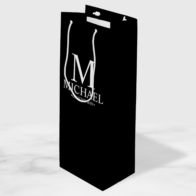 Modern Black and White Personalised Groomsman Wine Gift Bag (Creator Uploaded)