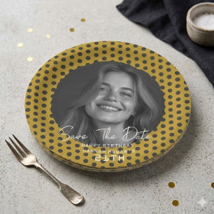 Modern Black and White Photo 21st Birthday Save th Paper Plate