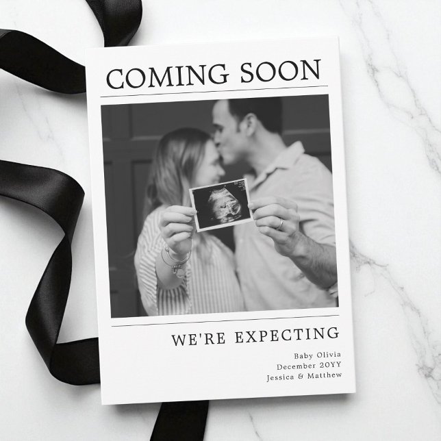 Modern Black and White Photo Baby Pregnancy Reveal Announcement (Modern Black and White Photo Baby Pregnancy Reveal Announcement)