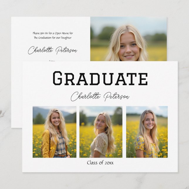 Modern Black and White Photo Graduation  Invitation (Front/Back)