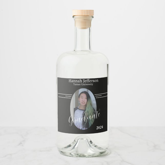 Modern Black and White Photo Graduation Liquor Bottle Label (Front)