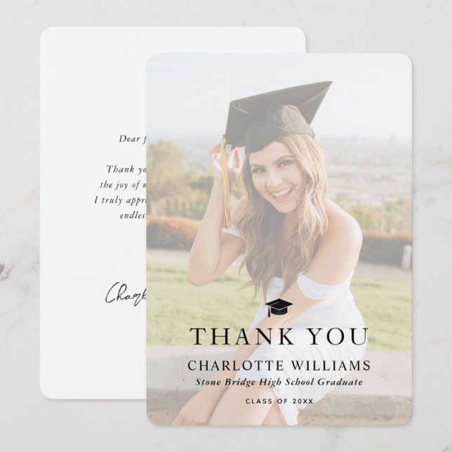 Modern Black and White Photo Graduation Thank You Card (Front/Back)