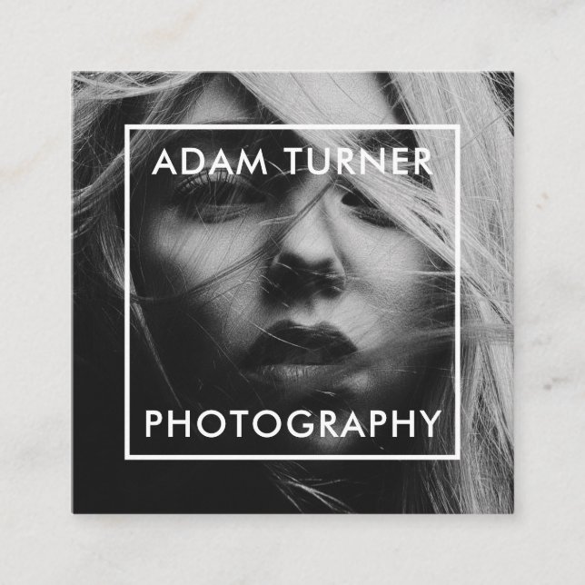 Modern black and white photo minimal photography square business card (Front)