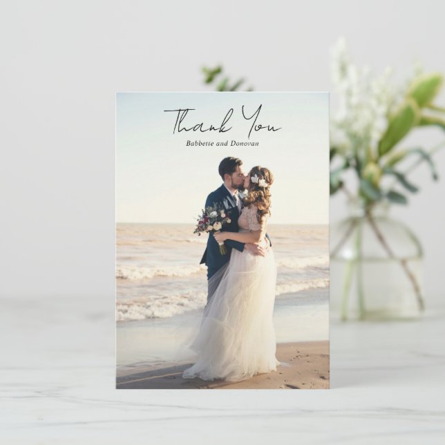 Modern Black and White Photo Minimalist Wedding Thank You Card (Standing Front)