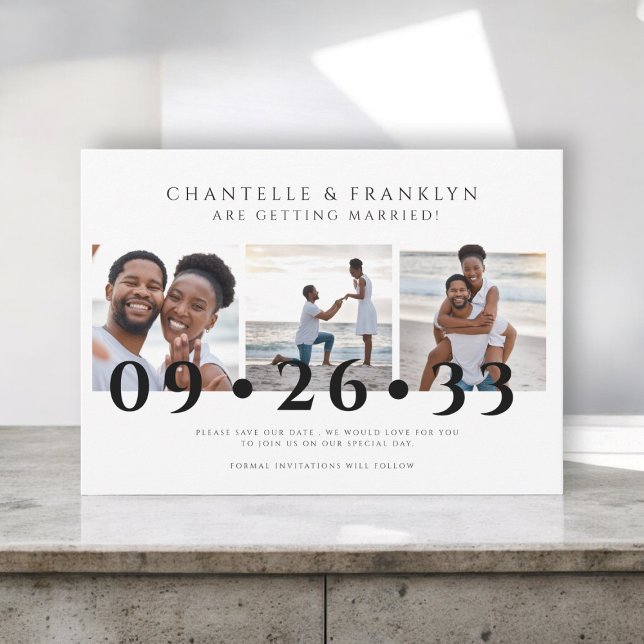 modern black and white photo save the date  invitation (modern three photo collage save the date invitation )