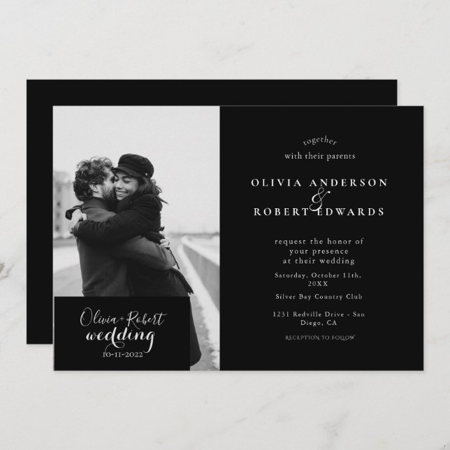 modern Black and white photo wedding Invitation (Front/Back)