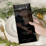 Modern black and white photo wedding menu<br><div class="desc">Simple minimalistic moody black and white trendy romantic calligraphy script custom wedding menu card template with custom photo dark overlay.          Easy to personalise with your text and 2 pictures.</div>