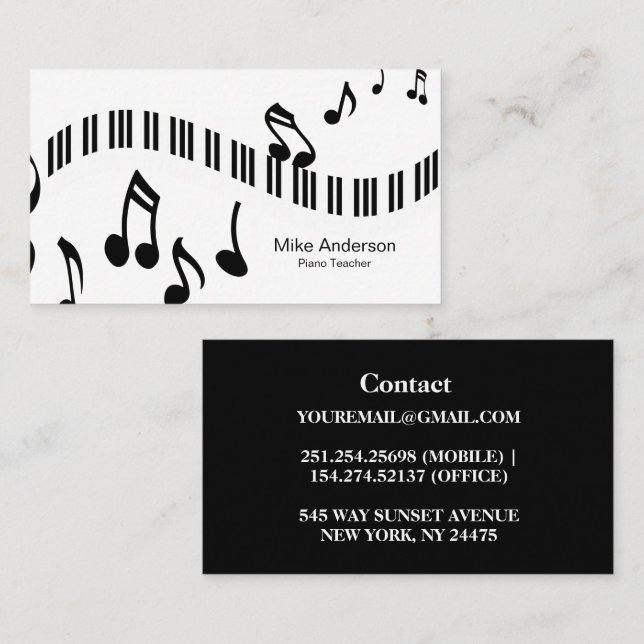 Modern Black and White Piano Teacher Business Card (Front/Back)