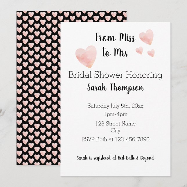 Modern Black and White Pink Hearts Bridal Shower Invitation (Front/Back)