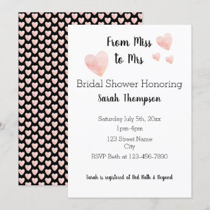 Modern Black and White Pink Hearts Bridal Shower Invitation
