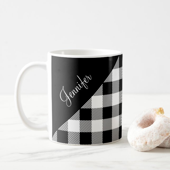 Modern Black And White Plaid Coffee Mug (With Donut)
