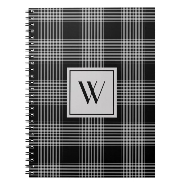 Modern Black And White Plaid Monogram Notebook (Front)